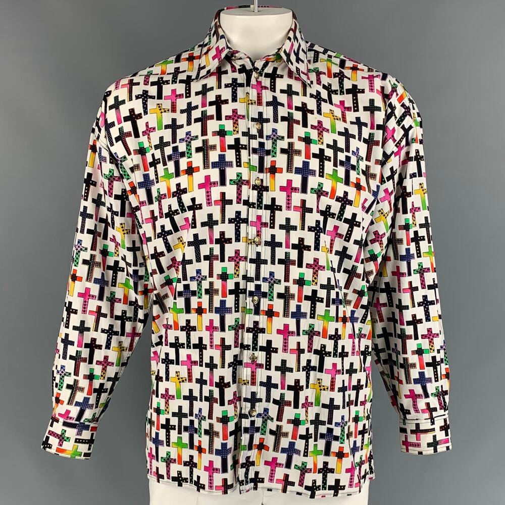 Vintage Size M Multi-Color Cross Print Cotton Long Sleeve Shirt